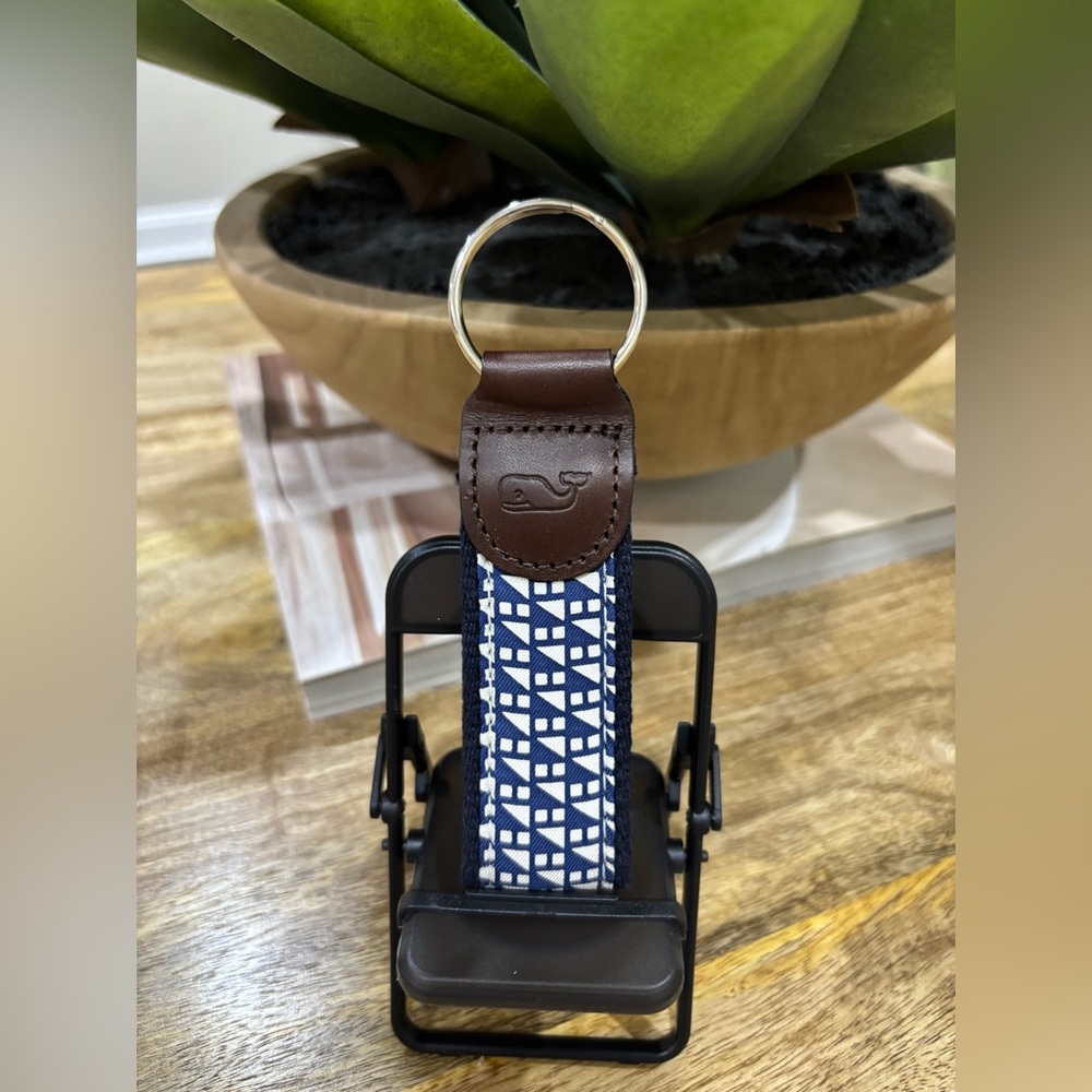 Vineyard Vines Blue Patterned Leather-Trim Key Fob